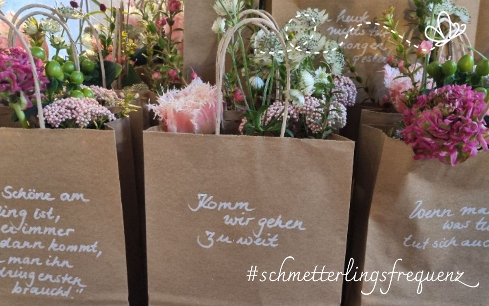 Papiertüten mit Blumen bepflanzt. Text in der Mitte: Komm, wir gehen zu weit.