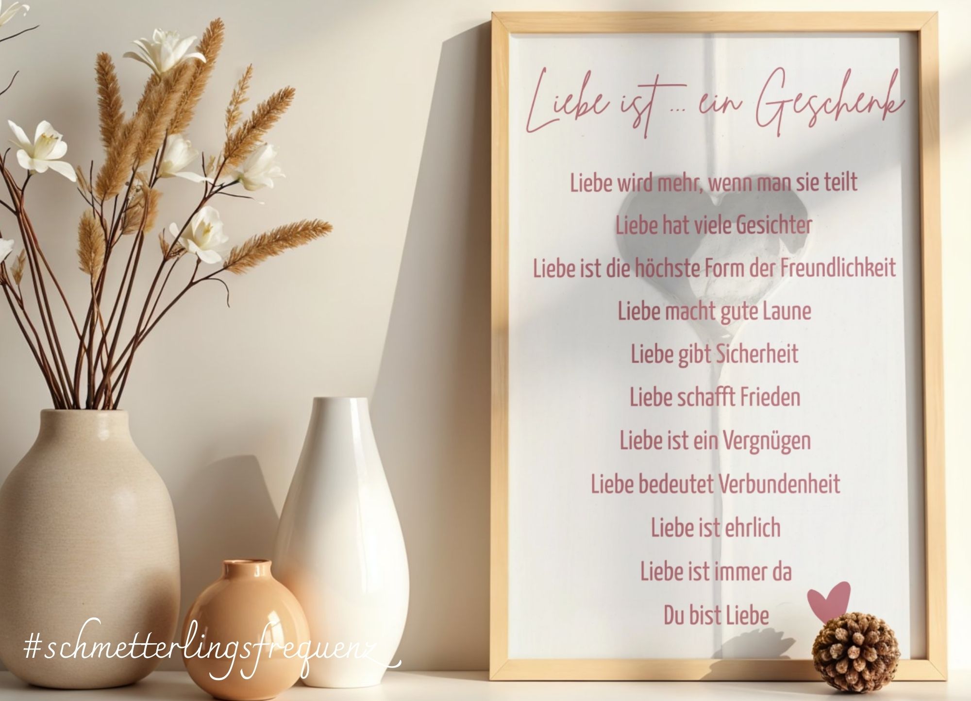 Liebe ist ein Geschenk und mehr steht in einem Holzrahmen, der an der Wand neben Vasen lehnt.